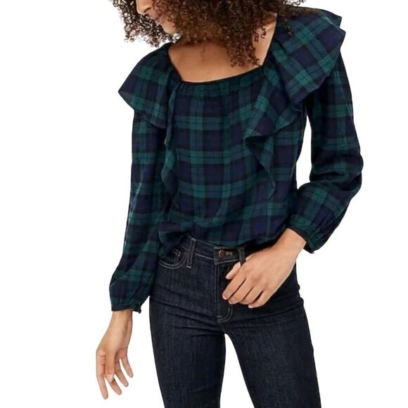 J. Crew NWT Square-Neck Black Watch Plaid Flannel Ruffle Top Size XL - Picture 1 of 10